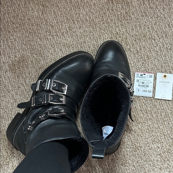 Zara Black Leather Ankle Boots with Buckles - Picture 1 of 9